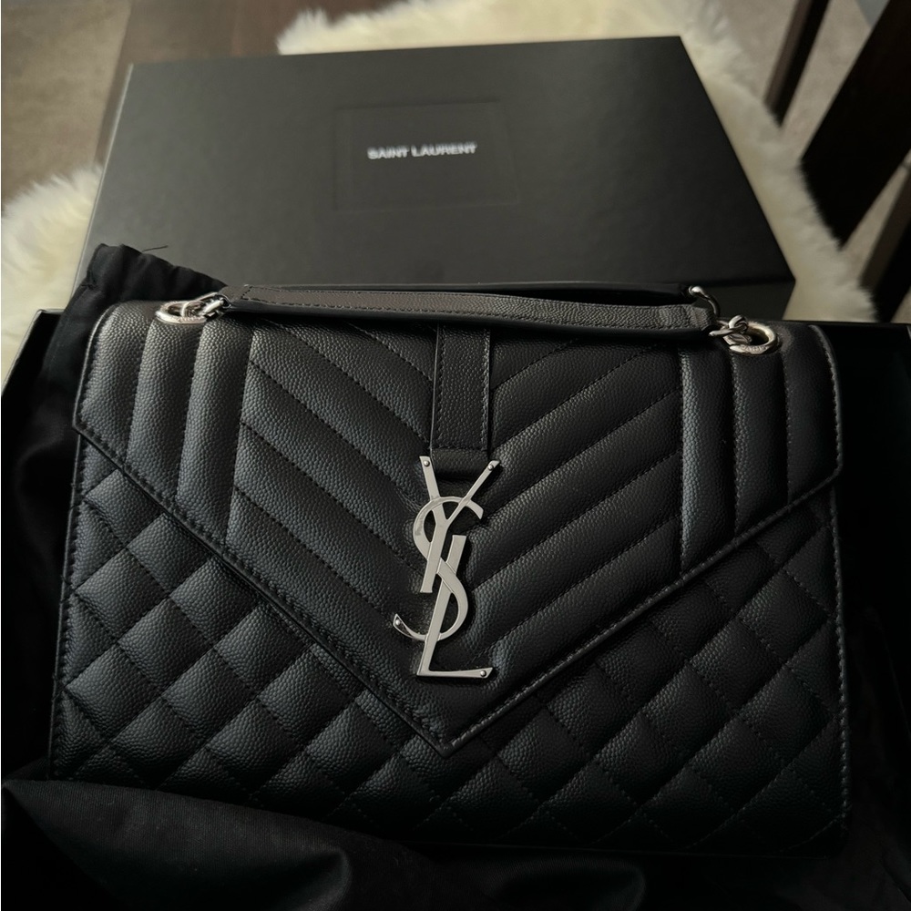 Saint Laurent YSL Medium Envelope Bag - Black with Silver Hardware